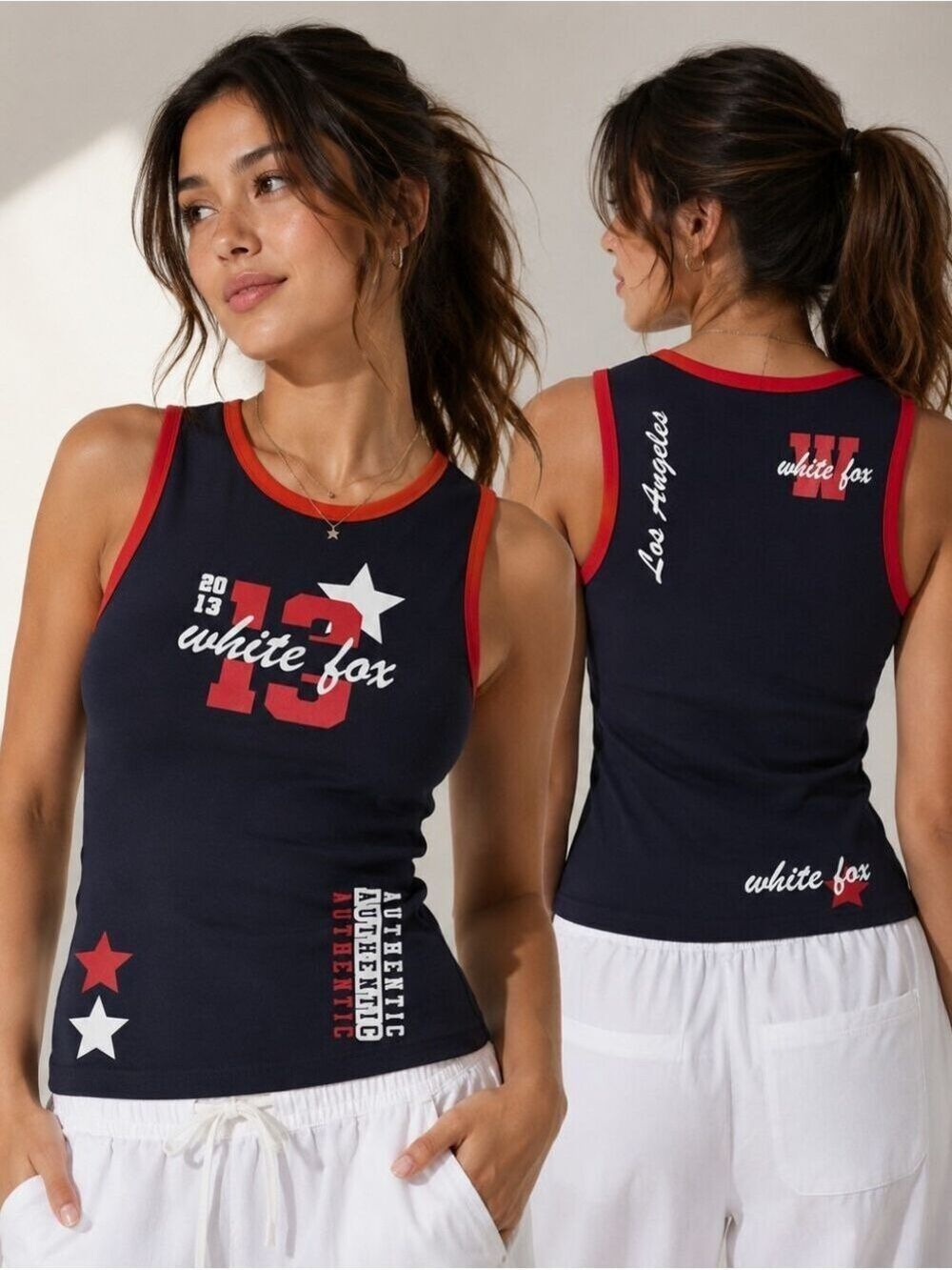 White Fox Y2K Graphic Tank Top Navy Red Baby Tee Fitted Racerback Size XS - Picture 3 of 10